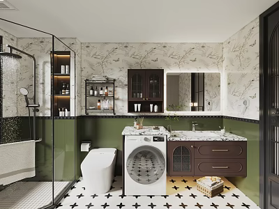 Retro Green Accent Bathroom With Smart Toilet Washing Machine And Clear Glass Shower Partition 3d model