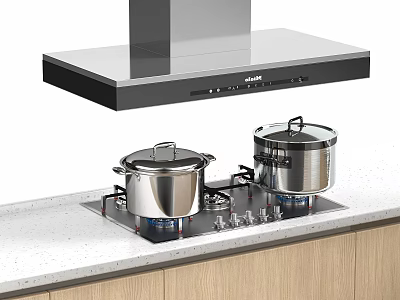 Kitchen Appliances Setup Featuring Range Hood Gas Stove And Stainless Steel Cooking Pots With Lids 3d model