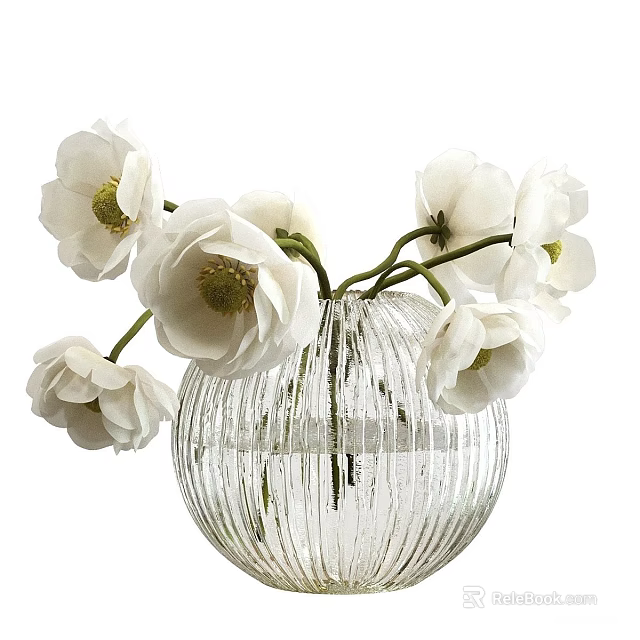 Transparent Ribbed Glass Vase With Fresh White Blooming Flowers For Home Decor 3d model 