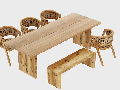 Natural Rustic Wooden Dining Table Set With Rattan Chairs And Bench 3d model
