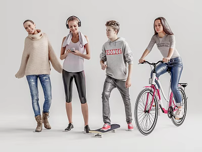 Group of Young People in Casual Outfits Posing With Skateboard Bicycle and Headphones 3d model