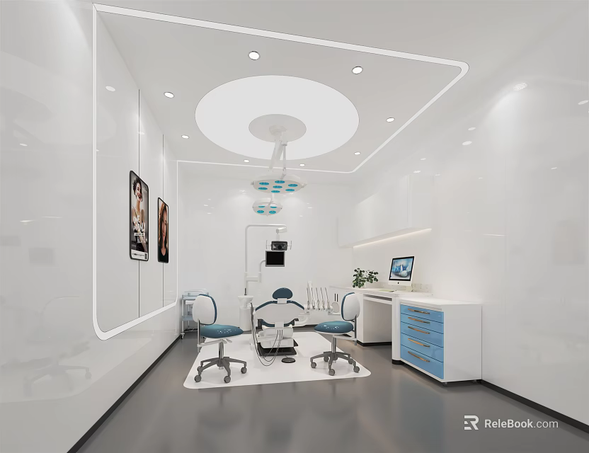 Dental Clinic Interior With White Walls Ceiling Lights Treatment Chair And Cabinets 3d model 
