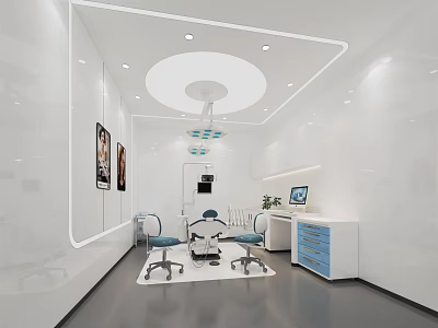 Dental Clinic Interior With White Walls Ceiling Lights Treatment Chair And Cabinets 3d model