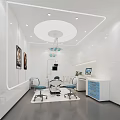 Dental Clinic Interior With White Walls Ceiling Lights Treatment Chair And Cabinets