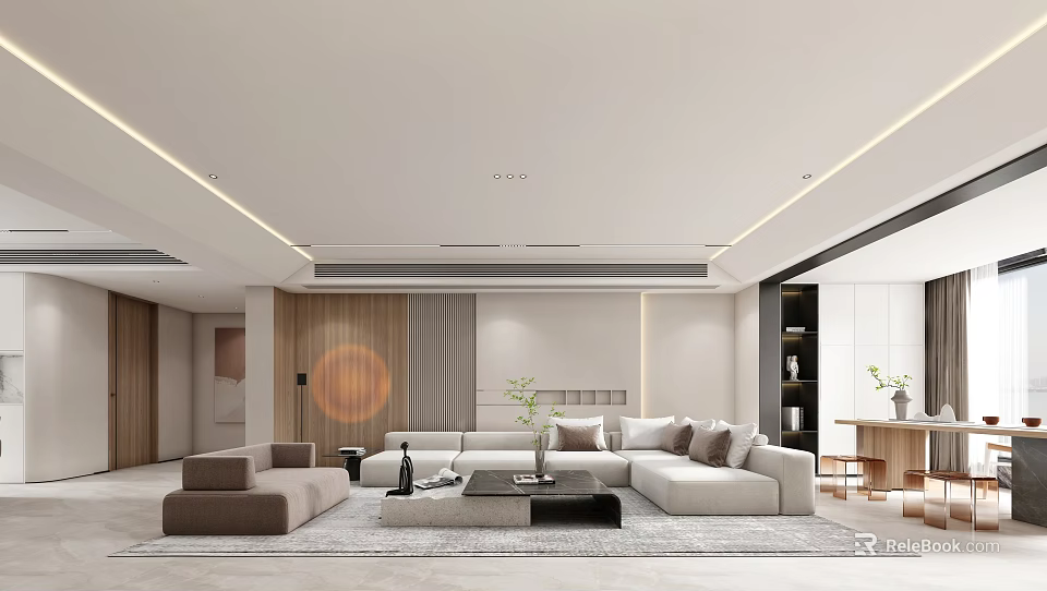Modern Living and Dining Room Interior Design With Light Sofa Wooden Wall And Coffee Table 3d model 