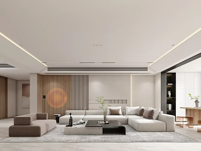 Modern Living and Dining Room Interior Design With Light Sofa Wooden Wall And Coffee Table 3d model
