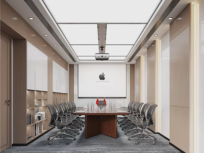 Modern Conference Room With Long Wooden Table Black Office Chairs And Large Projector Screen 3d model