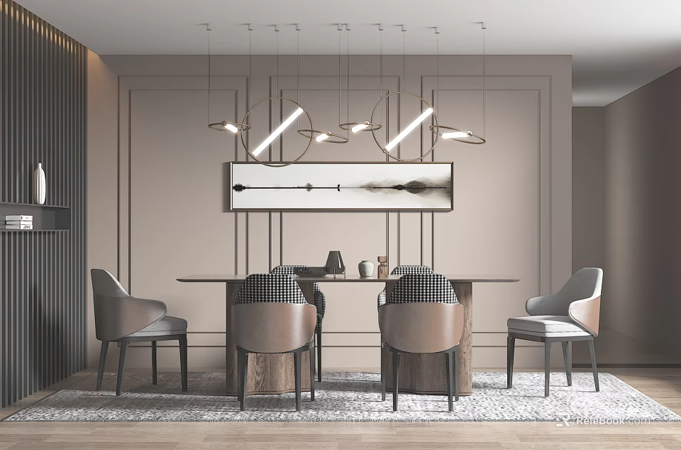 Modern Elegant Dining Table Set With Chairs Pendant Lights And Wall Art 3d model