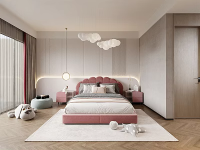 Kids Bedroom Interior Design With Pink Headboard Cloud Pendant Light And Plush Toys 3d model