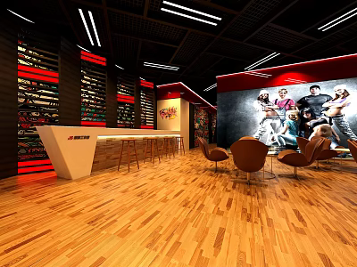 Modern Dance Hall Interior With Wooden Floor Bar Counter Chairs And Red Black Decor 3d model