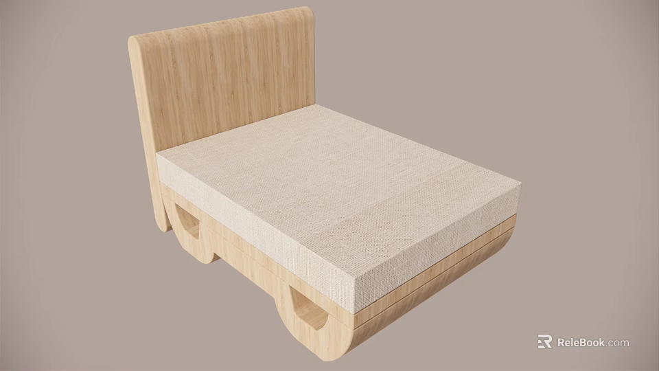 Double Bed with Wooden Headboard and Frame Light Colored Textured Mattress Simple Design 3d model 