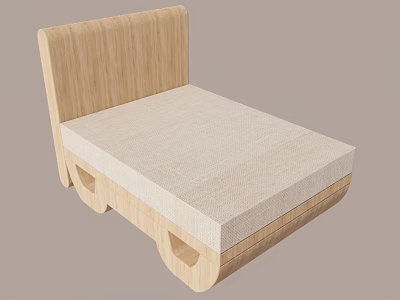 Double Bed with Wooden Headboard and Frame Light Colored Textured Mattress Simple Design 3d model