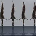 Four Decorative Metallic Swords With Ornate Blades And Brown Handles Arranged With Surface Reflection