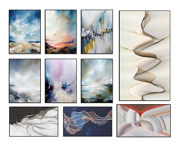 Various Styles Decorative Wall Art Paintings Including Seascape Sunset And Abstract Waves 3d model