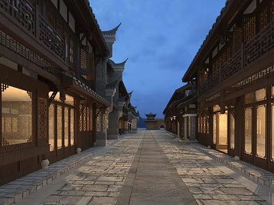 Traditional Chinese Commercial Street with Stone Paved Road and Illuminated Shops on Both Sides 3d model