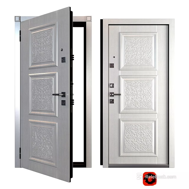 Elegant White Paneled Hinged Door With Intricate Carved Design For Home Interior 3d model 