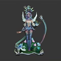Fantasy Game Movie Character With Flower Crown Butterfly Wings Blue Teal Outfit And Green Base