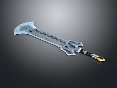 Shiny Metal Battle Axe With Intricate Patterns And Ornate Handle Design 3d model