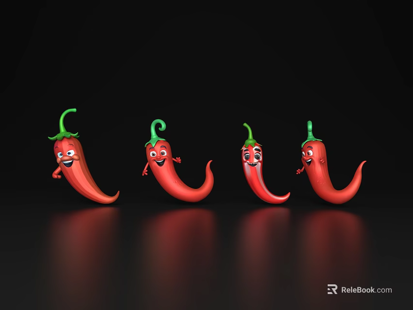 Red Chilies with Smiling Faces and Green Stems on Black Background with Reflections 3d model 