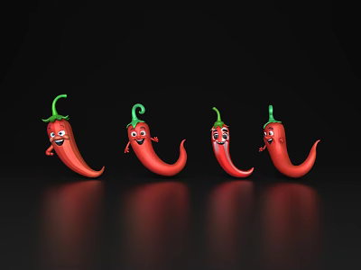 Red Chilies with Smiling Faces and Green Stems on Black Background with Reflections 3d model