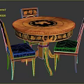 Round Wooden Dining Table With Decorative Inlay And Matching Chairs With Dark Blue Cushions