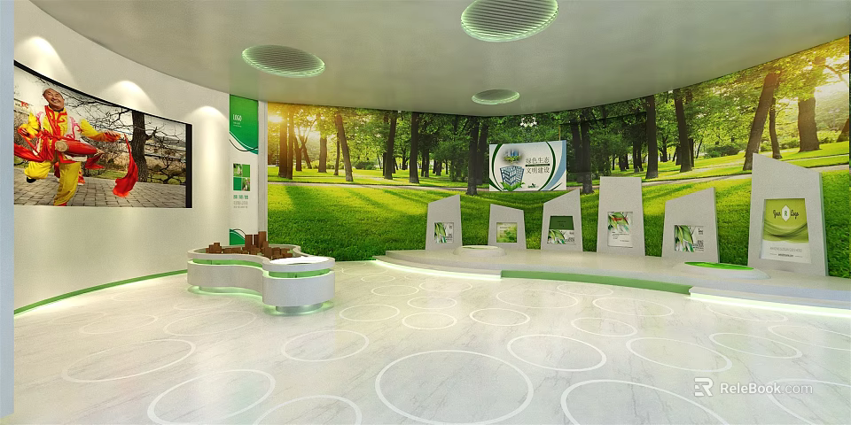 Modern Exhibition Space With Green Forest Backdrop And Digital Display Stands 3d model