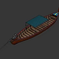 Traditional Wooden Boat With Blue Canopy And Outboard Motor For Water Travel