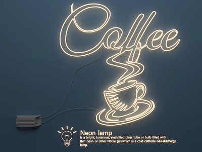 Elegant Neon Lamp Design With Coffee Lettering And Coffee Cup Illustration On Dark Background 3d model