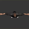 Man with outstretched arms wearing blue T-shirt black jacket canvas shoes against gray background