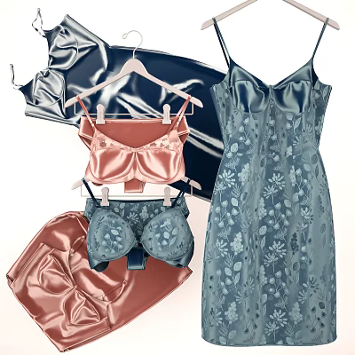 Women's Pink Satin Lingerie and Blue Floral Dress with Black Fabric Hanging on Hangers 3d model