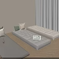 Minimalist Room With Wooden Floor Three Long Mattresses Cushions And Sunlit White Curtains