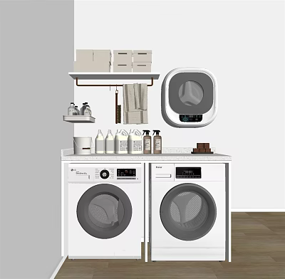 Two White Washing Machines In Laundry Room With Shelf Storage Boxes Towels And Cleaning Supplies 3d model