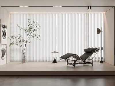 Modern Vertical Striped Curtains in Minimalist Interior with Laundry Appliances Chaise Lounge and Potted Plant 3d model