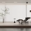 Modern Vertical Striped Curtains in Minimalist Interior with Laundry Appliances Chaise Lounge and Potted Plant