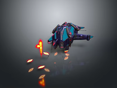Futuristic Sci Fi Flying Vehicle With Dark Blue Teal Accents And Red Glowing Thrusters 3d model