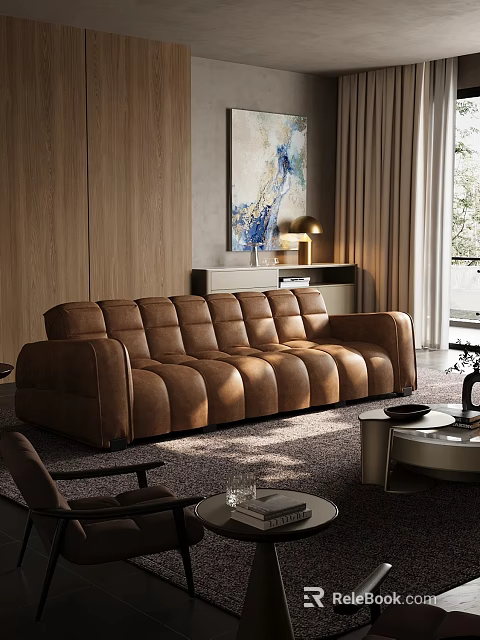 Modern Living Room Interior With Brown Leather Sofa Wooden Wall Artwork Floor Lamp And Rug 3d model 