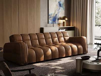 Modern Living Room Interior With Brown Leather Sofa Wooden Wall Artwork Floor Lamp And Rug 3d model