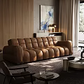 Modern Living Room Interior With Brown Leather Sofa Wooden Wall Artwork Floor Lamp And Rug