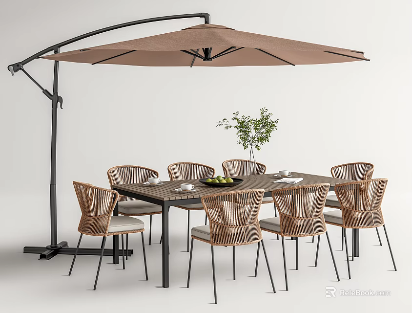 Outdoor Dining Table and Woven Rattan Chairs Set with Patio Umbrella and Potted Plant 3d model 