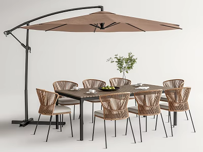 Outdoor Dining Table and Woven Rattan Chairs Set with Patio Umbrella and Potted Plant 3d model