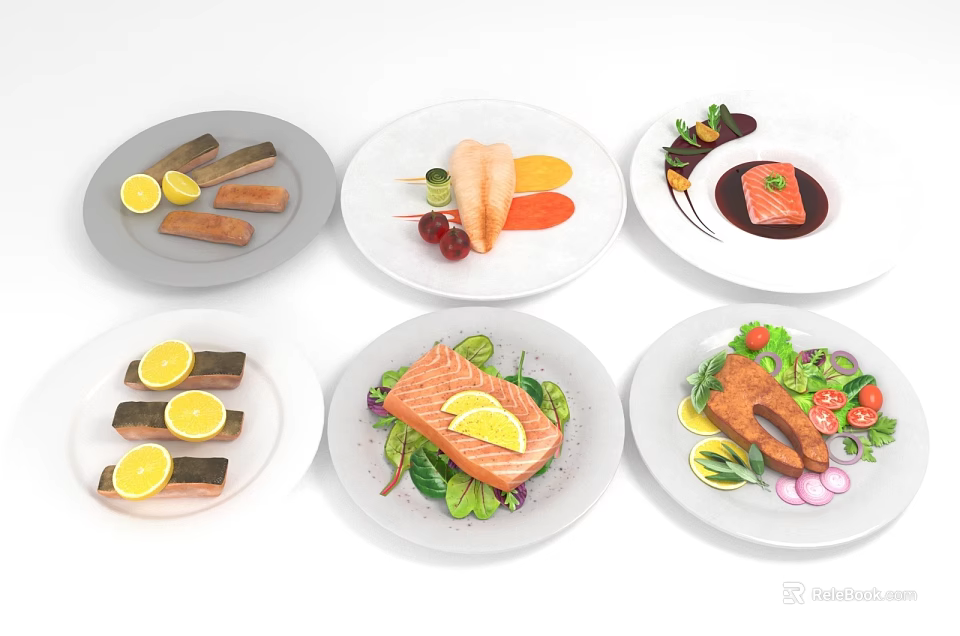 Various Fish Dishes Featuring Salmon with Lemon Slices Fresh Vegetables and Sauces on White Plates 3d model 