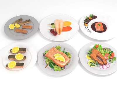 Various Fish Dishes Featuring Salmon with Lemon Slices Fresh Vegetables and Sauces on White Plates 3d model
