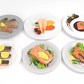 Various Fish Dishes Featuring Salmon with Lemon Slices Fresh Vegetables and Sauces on White Plates