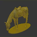 Bronze Horse Statue With Saddle Bowing Head On Grass Covered Base