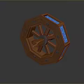 Wooden Octagonal Wheel Structure With Spokes Blue Transparent Panels And Metal Rivets