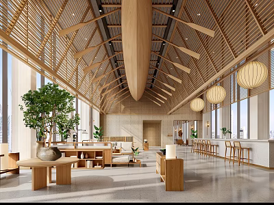 Hotel Public Lounge Area With Wooden Roof Lanterns Green Plants And Comfortable Seating 3d model