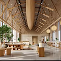 Hotel Public Lounge Area With Wooden Roof Lanterns Green Plants And Comfortable Seating