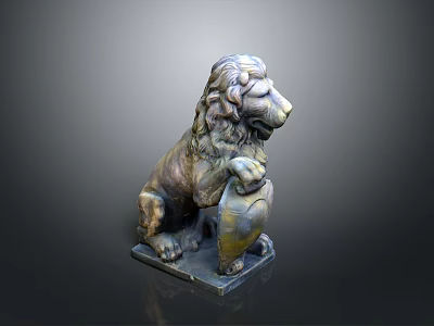Sitting Bronze Lion Sculpture With Mane Clawing Ball On Square Base 3d model
