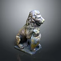 Sitting Bronze Lion Sculpture With Mane Clawing Ball On Square Base
