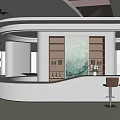 Modern Store Front Desk Design With Curved Structure White Countertop And Brown Bar Stools